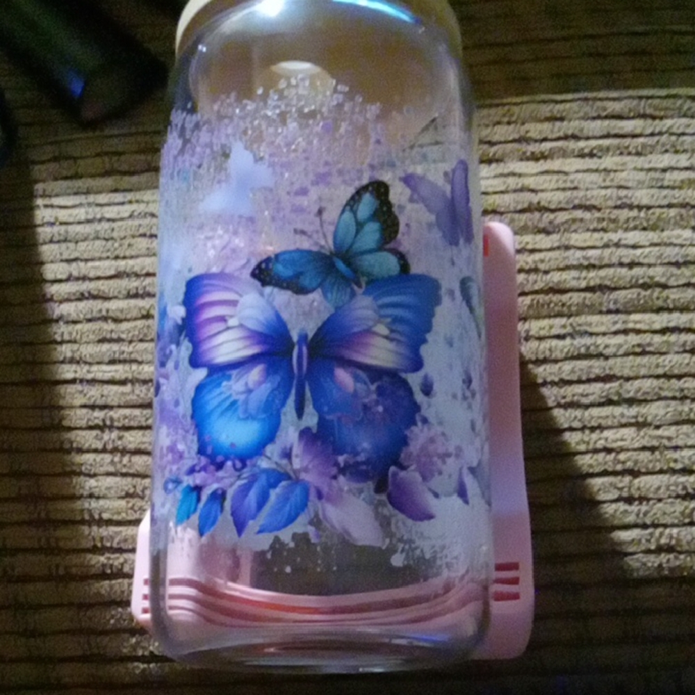 Butterfly Glass Jar with Blue and Purple Design Come With Glass Straw